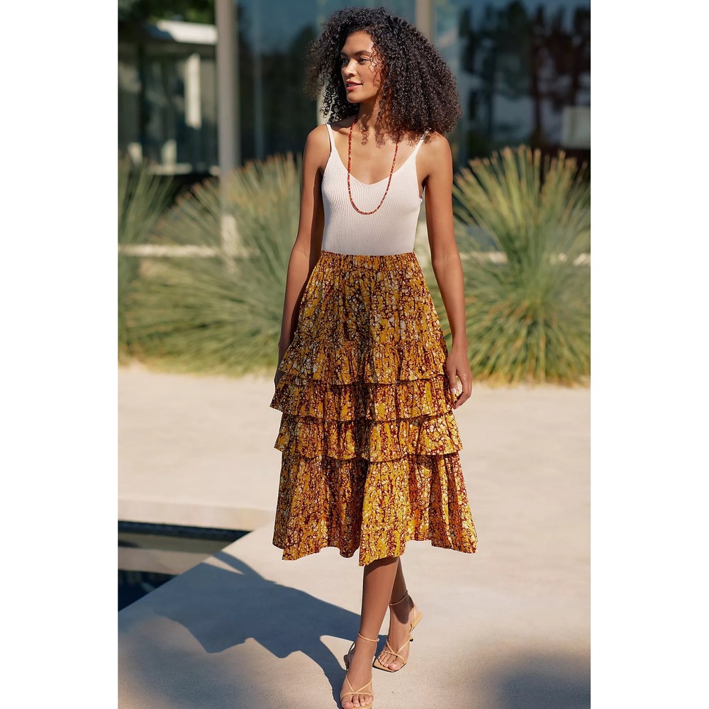 Love The Label Yellow Batik Floral Tiered Cotton Midi Skirt Small